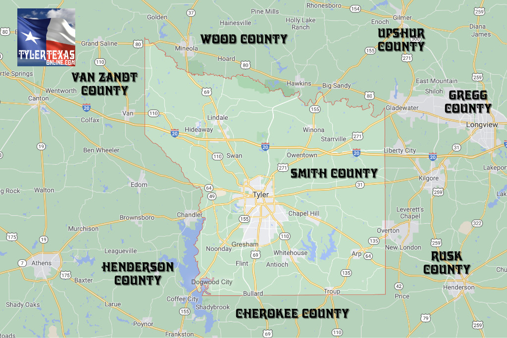 Map showing the location of Lake Palestine in Upper East Texas along with area cities and towns Map showing the location of Lake Palestine in Upper East Texas along with area cities and towns