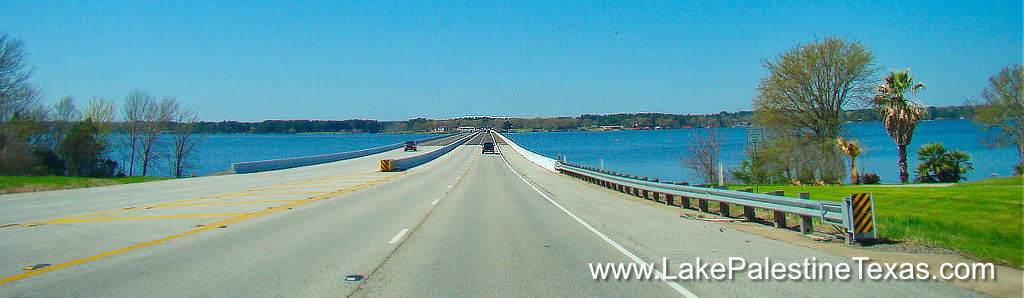 Texas State Highway 155 Bridge over Lake Palestine, looking south to Coffee City, Texas and Fat Dog's Liquor Store